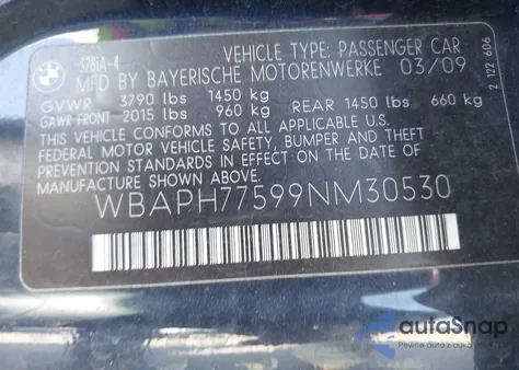 2009 BMW 328I from USA, damaged, VIN WBAPH77599NM30530